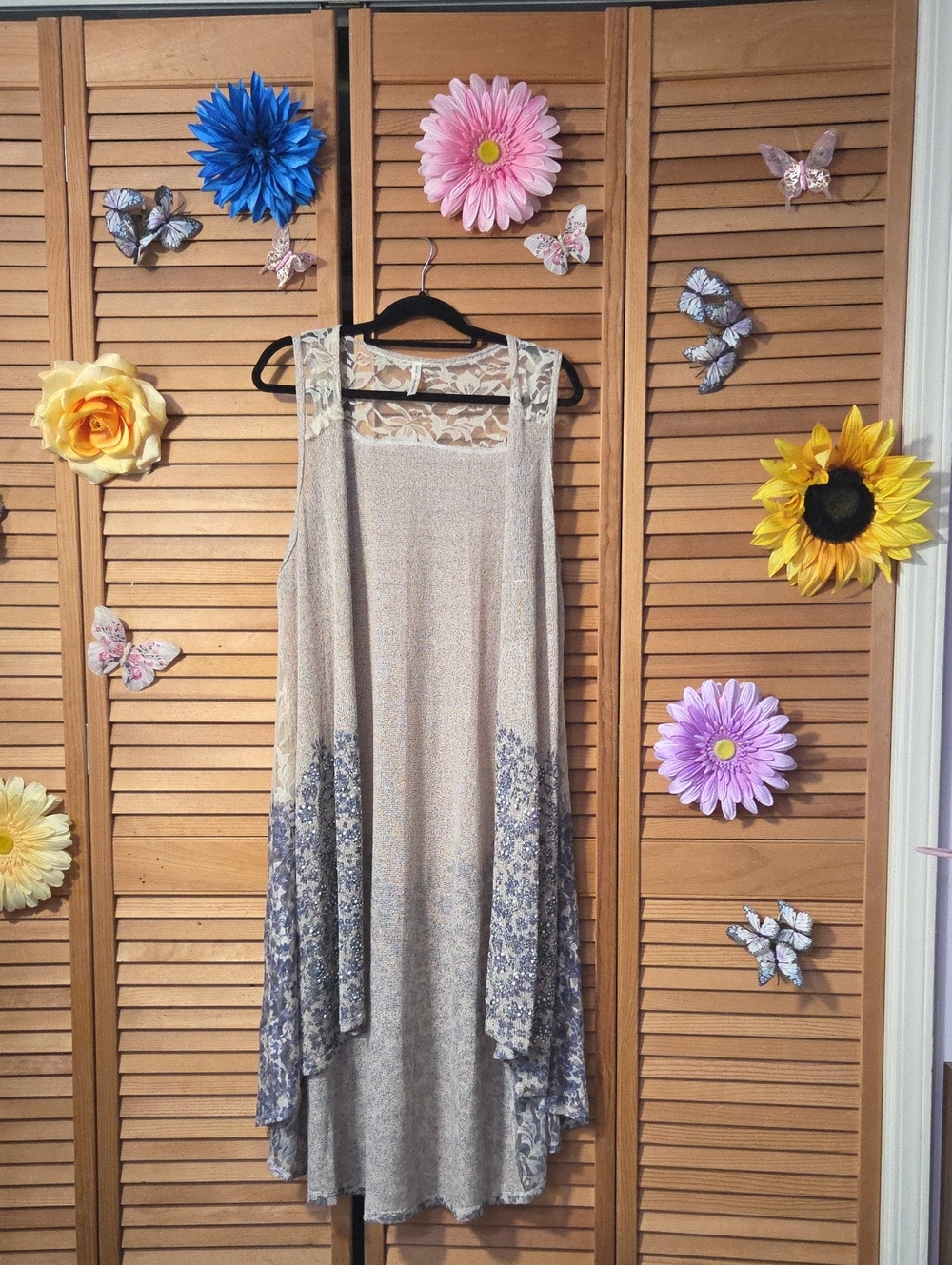 Vocal Asymmetrical Cream Tunic with Blue Floral Hem